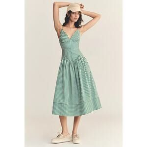 New Anthropologie Farm Rio Stripe Cotton Sleeveless V-Neck Drop-Waist Midi Dress